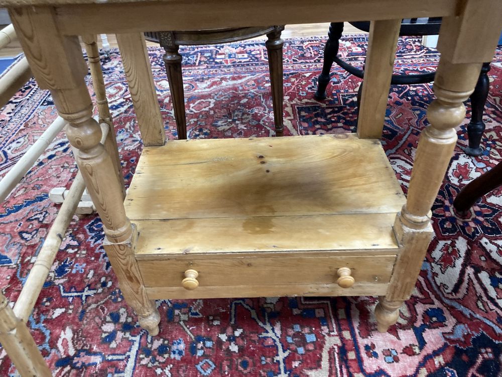 A Victorian pine two tier washstand, width 62cm, two towel rails and a provincial stool